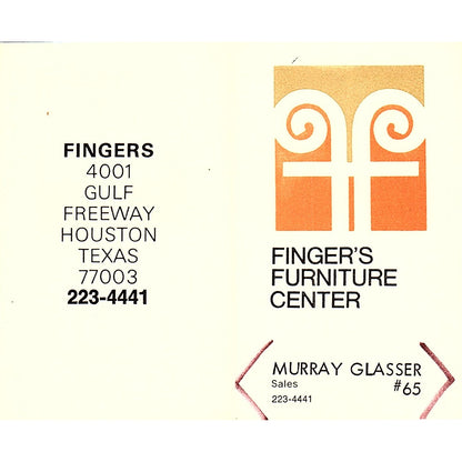Finger's Furniture Center Murray Glasser Houston TX Vintage Business Card SB4-B2