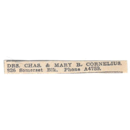 Drs. Chas & Mary B Cornelius 826 Somerset Block Winnipeg 1920 Ad AG2-S10