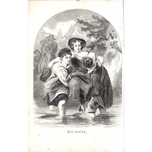 Gallantry - Boys Carrying Girl in River 1857 Original Art Engraving D19-4