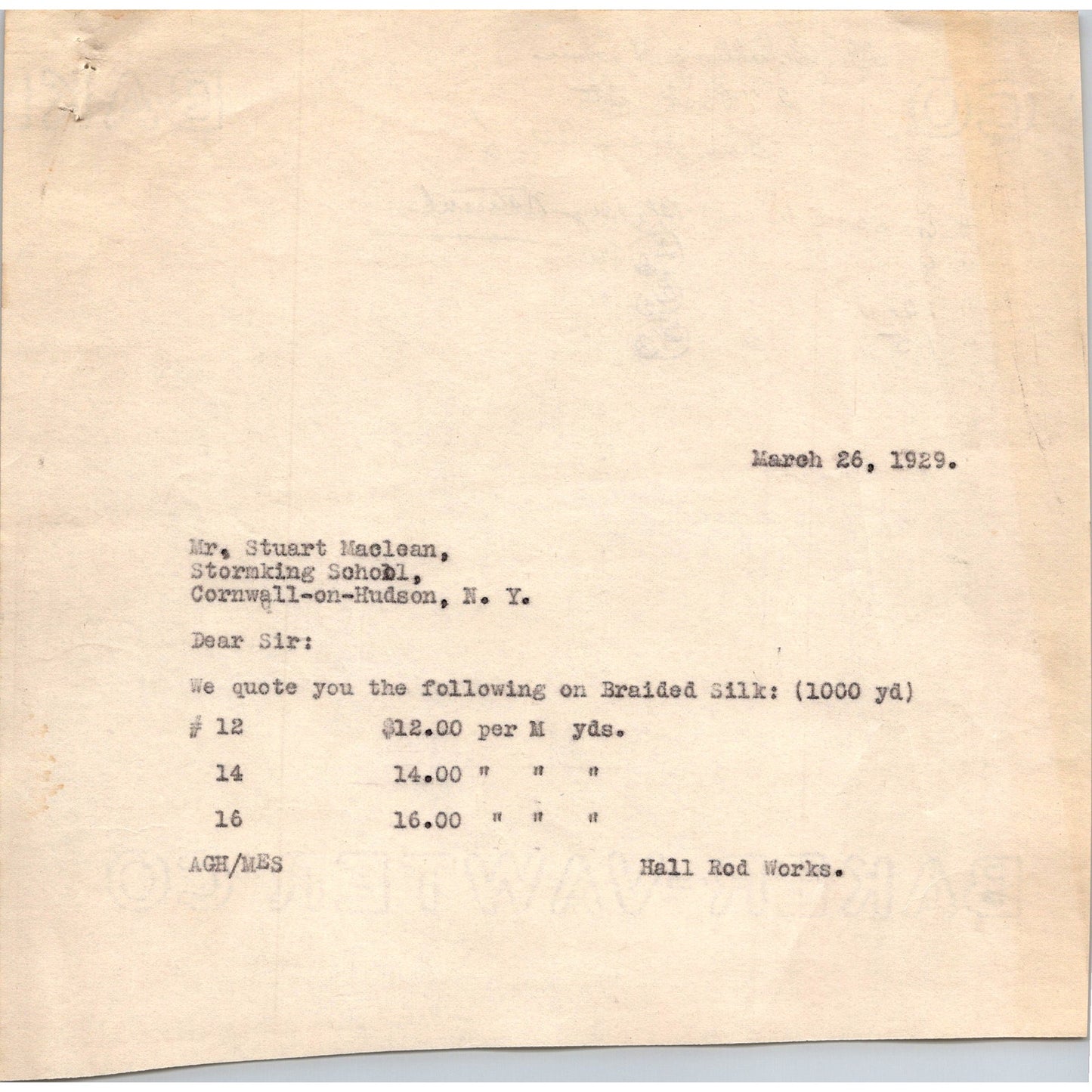 1929 Letter Rainbow of Delta Tau Delta Stuart Maclean to Hall Rod Works C30