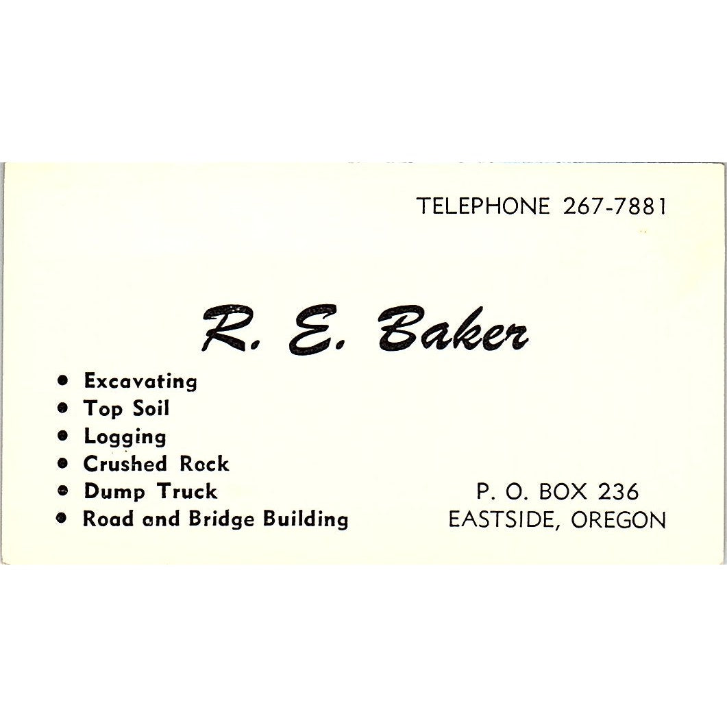 R.E. Baker Excavation Eastside OR Vintage Business Card SD9-B4