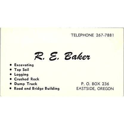 R.E. Baker Excavation Eastside OR Vintage Business Card SD9-B4