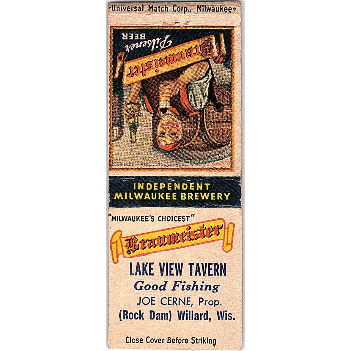 Lake View Tavern Joe Cerne Rock Dam WIllard WI Vintage Matchbook Cover SF3-Y4