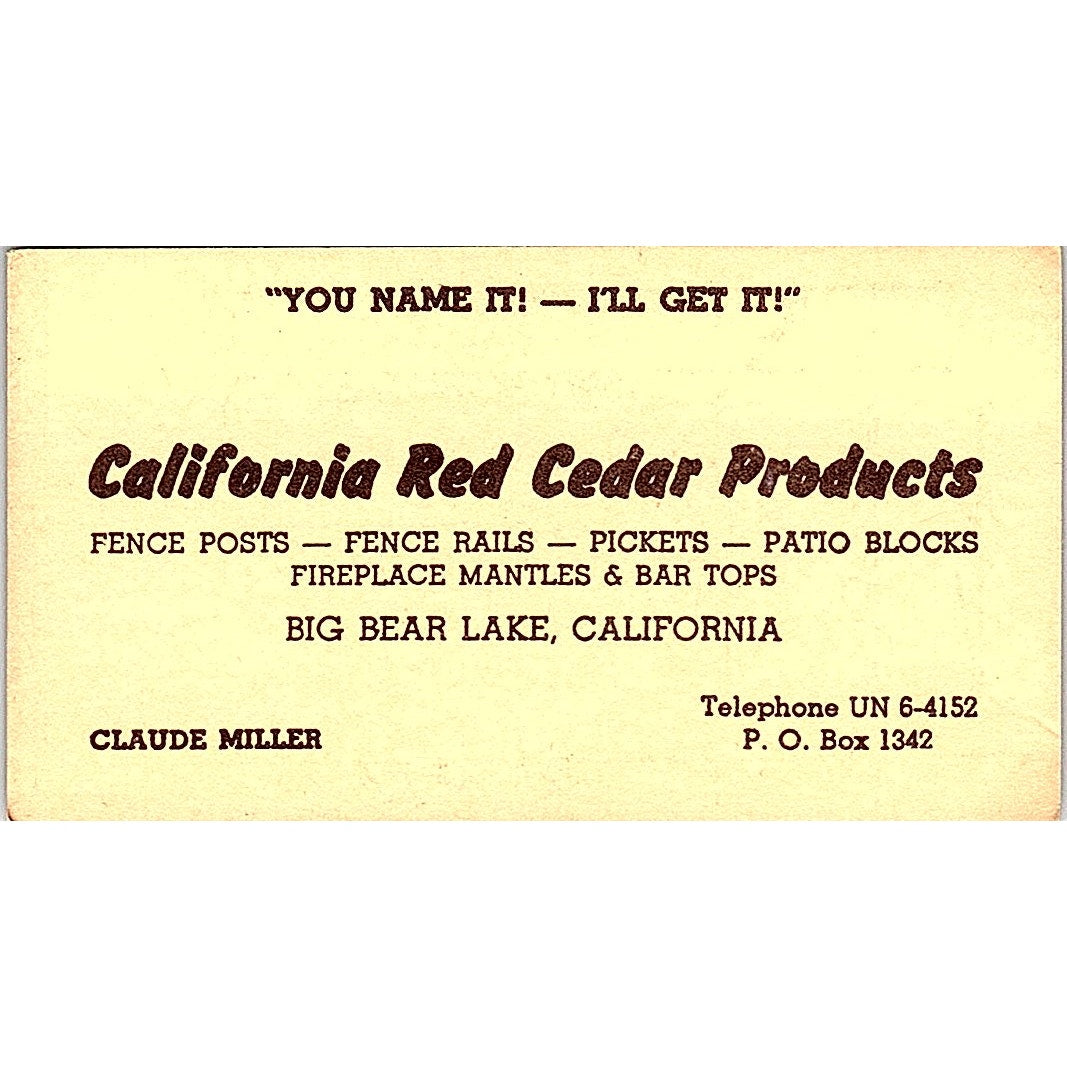 Claude Miller California Red Cedar Products Big Bear Lake Business Card SD9-B4