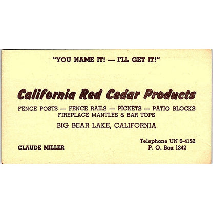 Claude Miller California Red Cedar Products Big Bear Lake Business Card SD9-B4