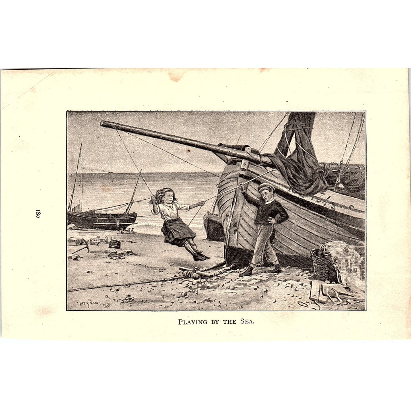 Playing By The Sea Henry Bacon 1884 Art Print Engraving 4x6 V19