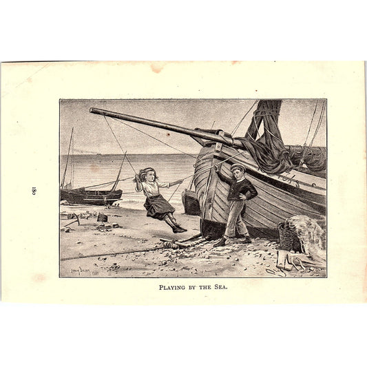 Playing By The Sea Henry Bacon 1884 Art Print Engraving 4x6 V19