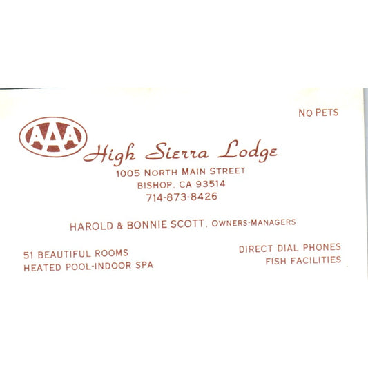 High Sierra Lodge Harold & Bonnie Scott Bishop CA Vintage Business Card SD8-B22
