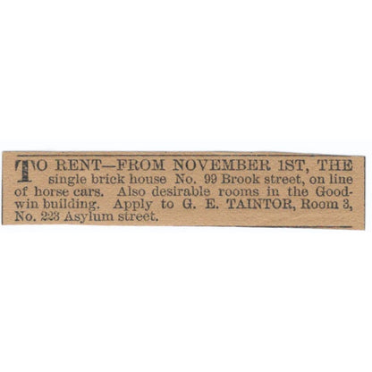 Brook Street House for Rent G.E. Taintor Hartford 1886 Newspaper Ad AF7-SS6