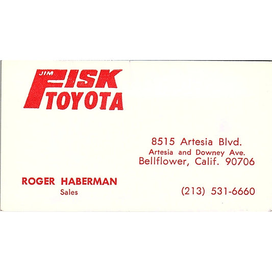 Roger Haberman Jim Fisk Toyota Bellflower CA Vintage Business Card SD9-B9