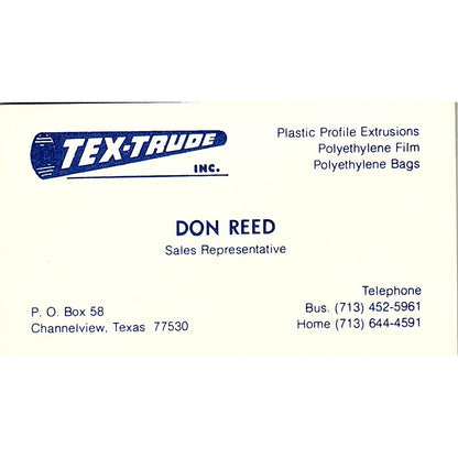 Don Reed Tex-Trude Inc Channelview TX Vintage Business Card SC9-B2