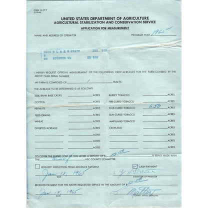 1967 US Department of Agriculture Application for Measurement Form AF1-RR7