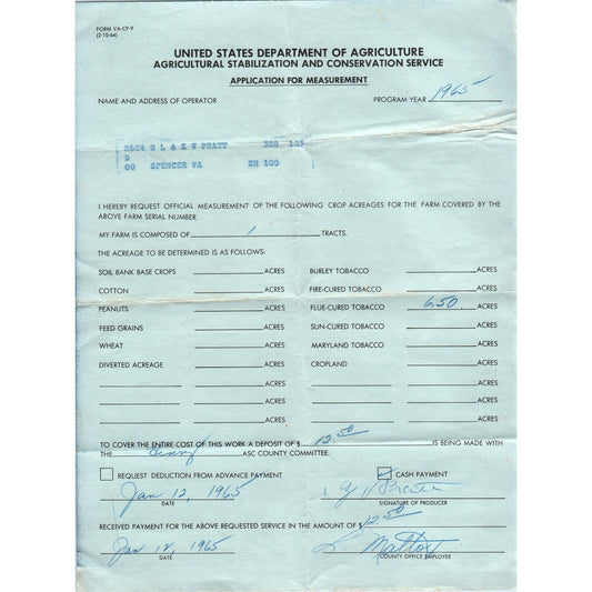 1967 US Department of Agriculture Application for Measurement Form AF1-RR7