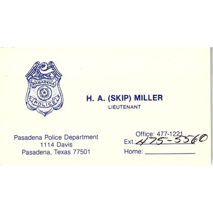 Lt. H.A. Skip Miller Pasadena TX Police Dept Vintage Business Card SC9-B5