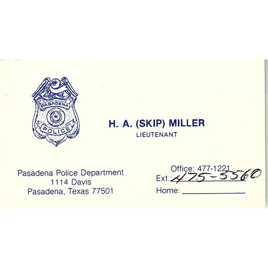 Lt. H.A. Skip Miller Pasadena TX Police Dept Vintage Business Card SC9-B5