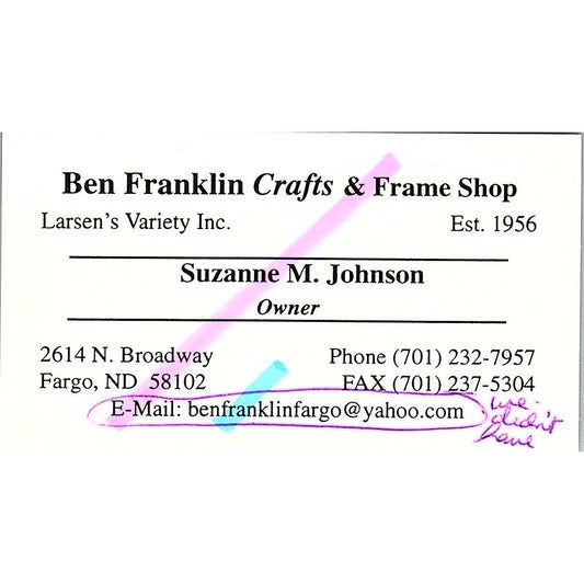 Ben Franklin Crafts & Frame Shop Suzanne M Johnson Fargo ND Business Card SC9-B8