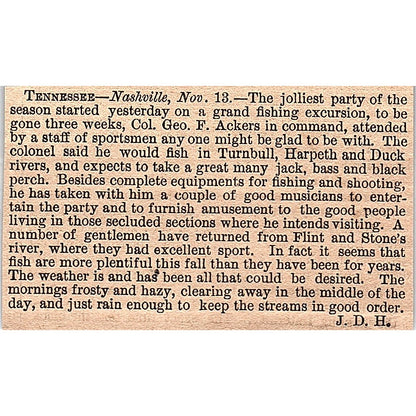 Nashville TN Fishing Excursion Col. Geo. F. Ackers 1878 Article AG2-M8