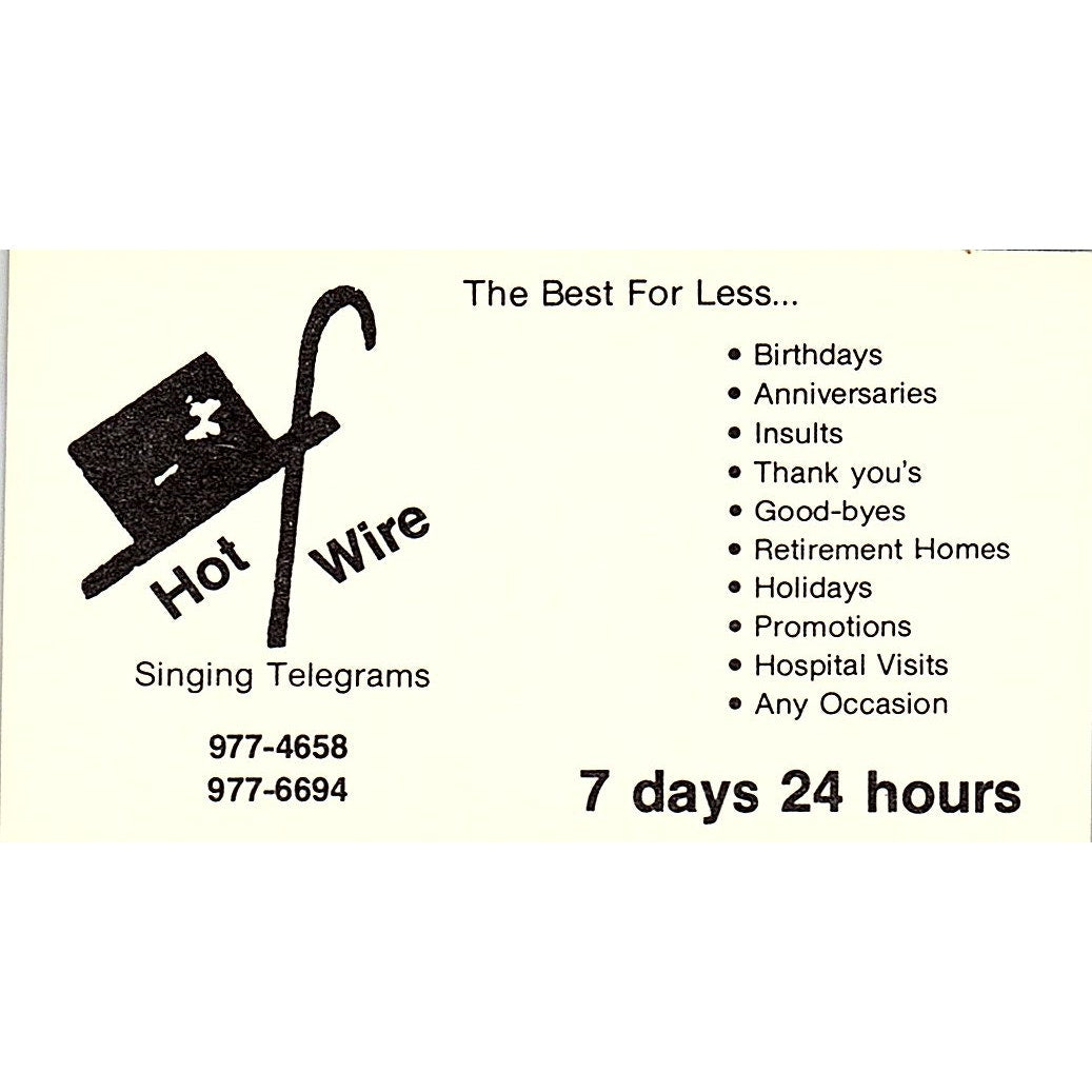 Hot Wire Singing Telegrams Birthdays Anniversary Vintage Busines Card SF3-B2