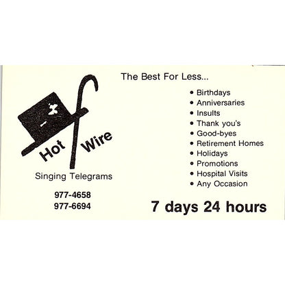 Hot Wire Singing Telegrams Birthdays Anniversary Vintage Busines Card SF3-B2