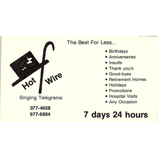 Hot Wire Singing Telegrams Birthdays Anniversary Vintage Busines Card SF3-B2