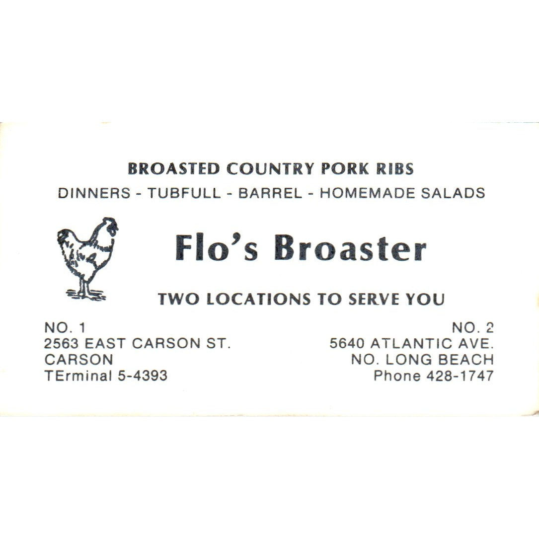 Flo's Broaster Restaurant Carson Long Beach CA Vintage Business Card SD8-B7