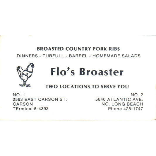 Flo's Broaster Restaurant Carson Long Beach CA Vintage Business Card SD8-B7