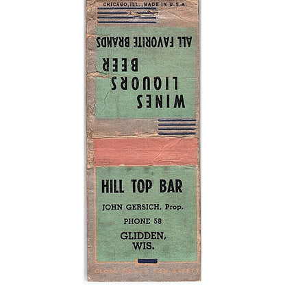 Hill Top Bar John Gersich Glidden WI Vintage Matchbook Cover SF3-Y4