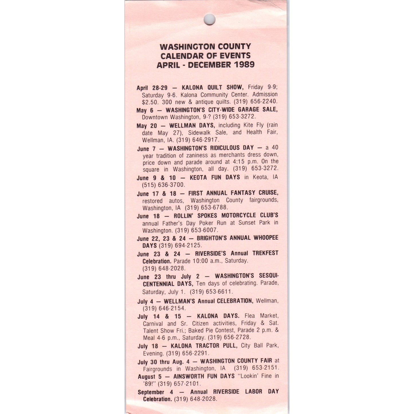 1989 Washington County Iowa Calendar of Events Travel Tourist Leaflet TF4-B2