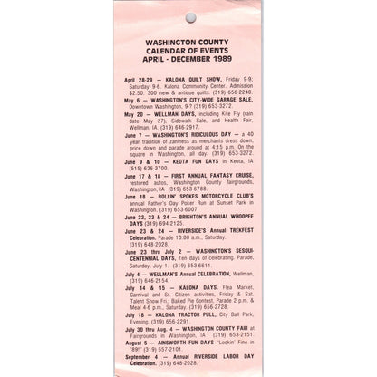 1989 Washington County Iowa Calendar of Events Travel Tourist Leaflet TF4-B2
