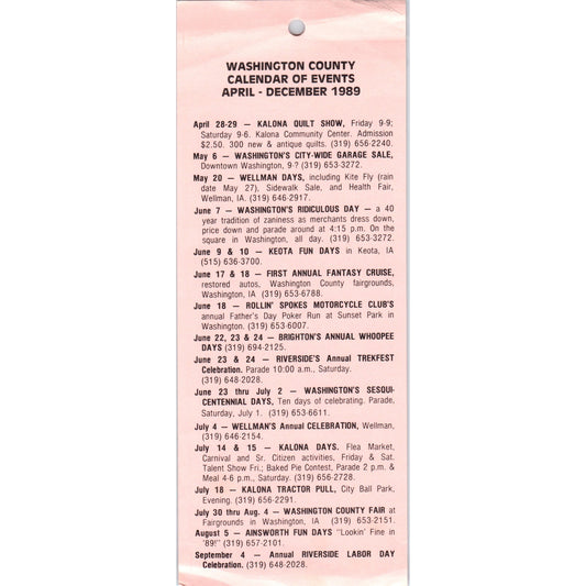 1989 Washington County Iowa Calendar of Events Travel Tourist Leaflet TF4-B2