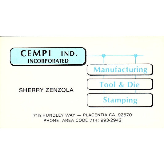 CEMPI Ind Inc Sherry Zenzola Placentia CA Vintage Business Card SD9-B5