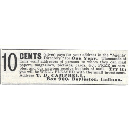 T.D. Campbell Agents Directory Boyleston Indiana 1892 Ad AG2-S25