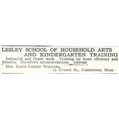 Edith Lesley Wolfard School of Household Arts & Kindergarten c1918 Ad AE5-SA11
