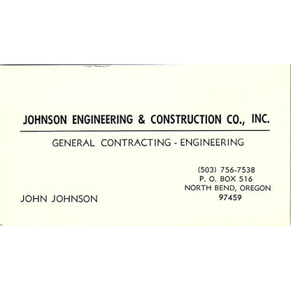 John Johnson Engineering & Construction Co North Bend OR Business Card SD9-B3