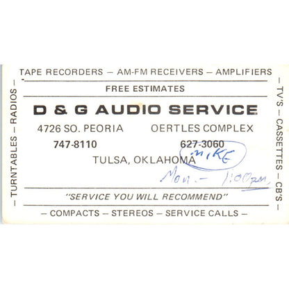 D&G Audio Service Mike Tulsa OK Vintage Business Card SD8-B5