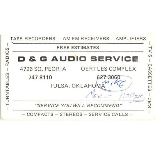 D&G Audio Service Mike Tulsa OK Vintage Business Card SD8-B5