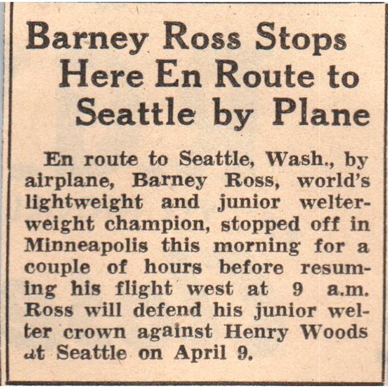 Boxer Barney Ross Stops in Minnesota 1935 Minneapolis Journal Article AE7-N6