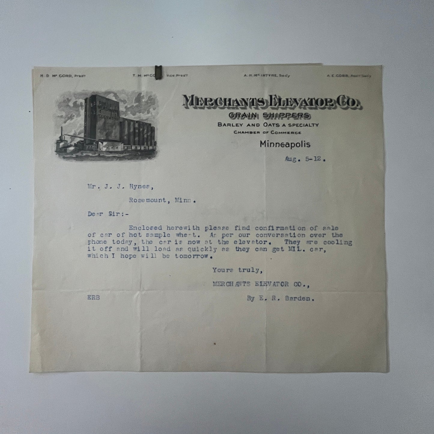 1912 Merchants Elevator Co Grain Shippers Minneapolis MN Letterhead & Stub K1