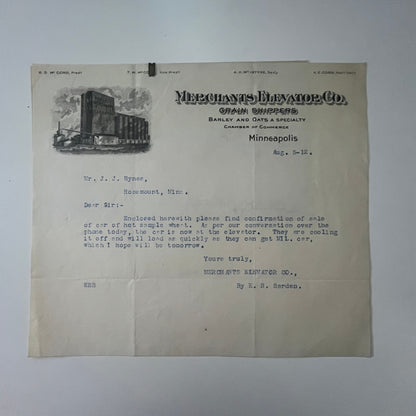 1912 Merchants Elevator Co Grain Shippers Minneapolis MN Letterhead & Stub K1