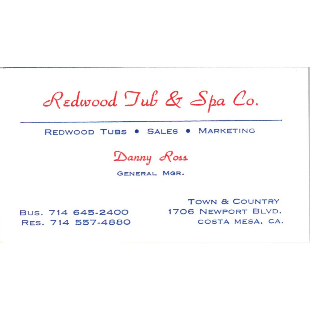 Redwood Tub & Spa Co Danny Ross Costa Mesa CA Vintage Business Card SD4-B2