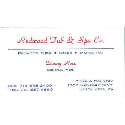 Redwood Tub & Spa Co Danny Ross Costa Mesa CA Vintage Business Card SD4-B2