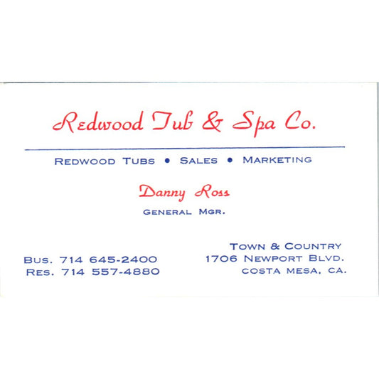 Redwood Tub & Spa Co Danny Ross Costa Mesa CA Vintage Business Card SD4-B2