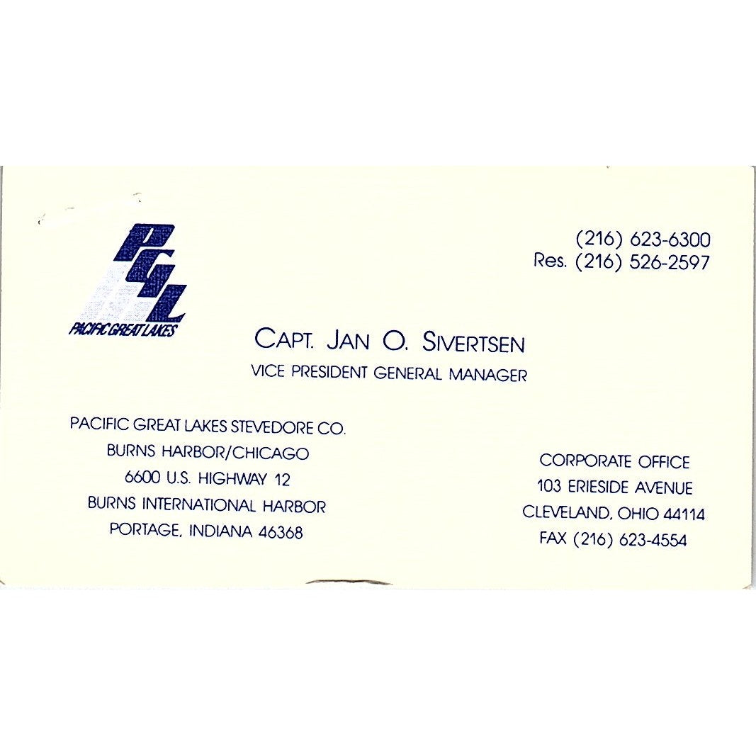 Capt Jan O Sivertsen Pacific Great Lakes Stevedore Vintage Business Card SC9-B1