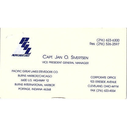 Capt Jan O Sivertsen Pacific Great Lakes Stevedore Vintage Business Card SC9-B1