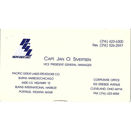 Capt Jan O Sivertsen Pacific Great Lakes Stevedore Vintage Business Card SC9-B1