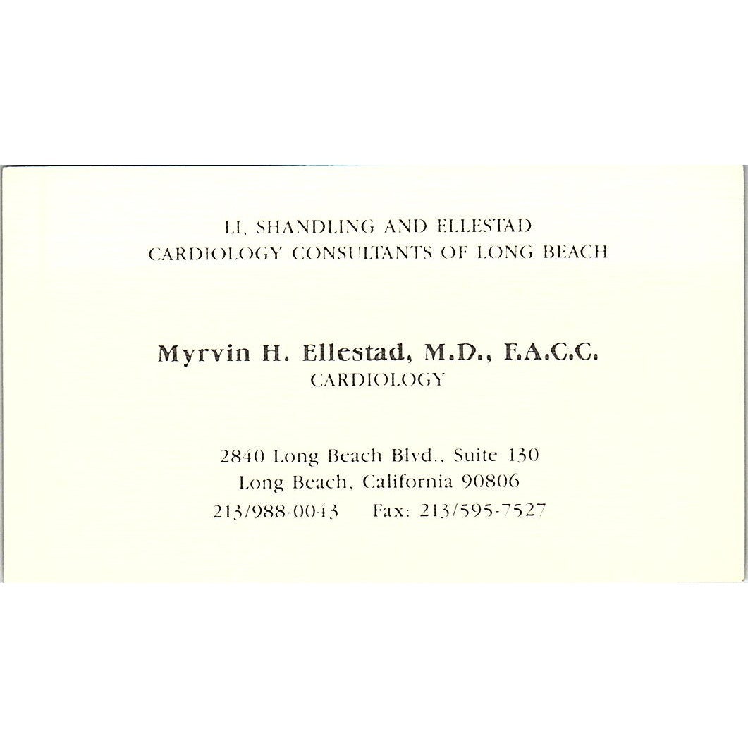 Myrvin H Ellestad MD Cardiology Long Beach Vintage Business Card SC9-B1