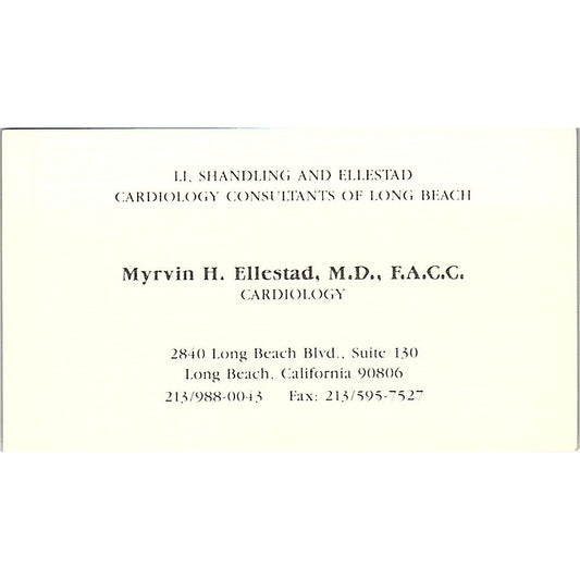 Myrvin H Ellestad MD Cardiology Long Beach Vintage Business Card SC9-B1