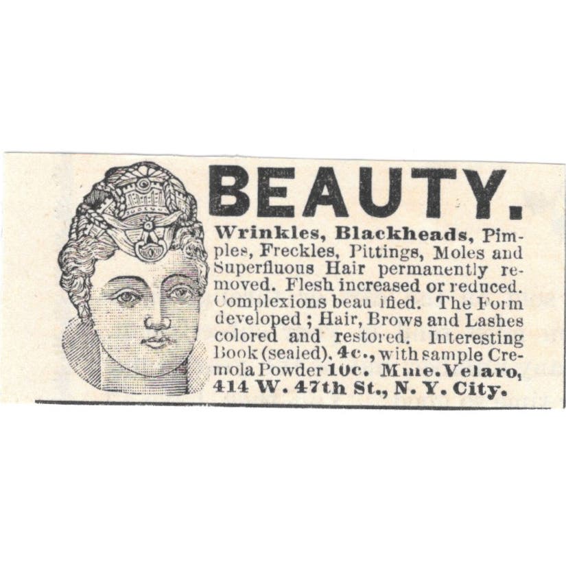 Mme. Velaro Beauty Wrinkles Blackheads NYC c1890 Victorian Ad AE8-CH11