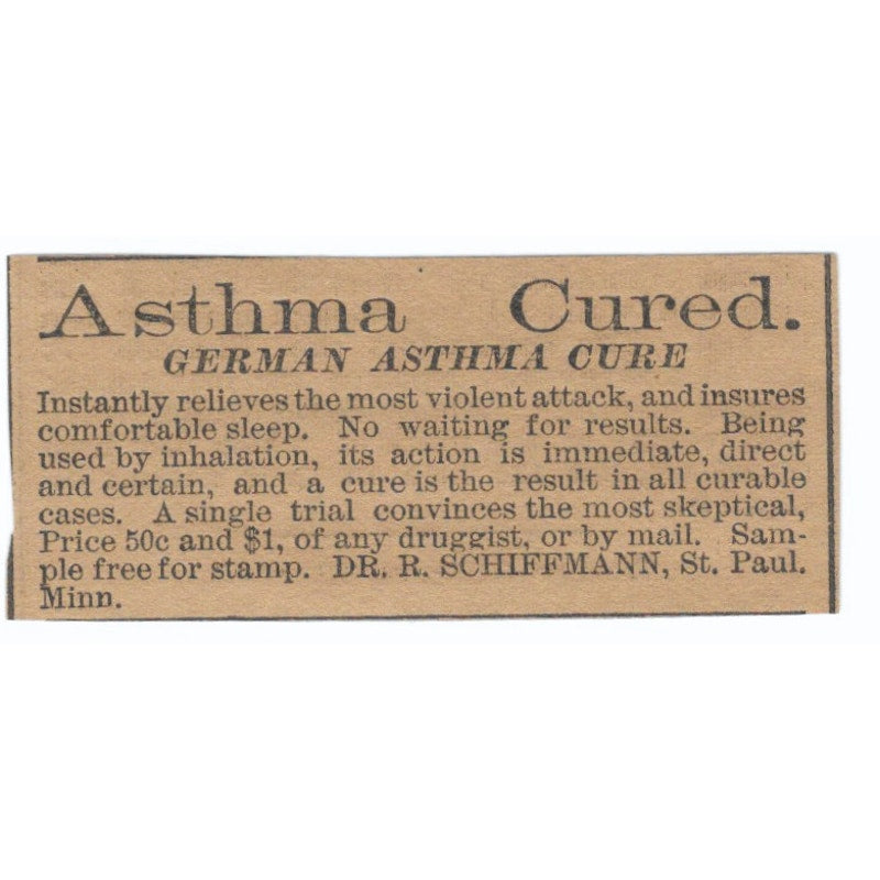 German Asthma Cure Dr. R. Schiffmann St. Paul MN 1886 Newspaper Ad AF7-SS8