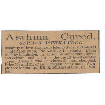 German Asthma Cure Dr. R. Schiffmann St. Paul MN 1886 Newspaper Ad AF7-SS8